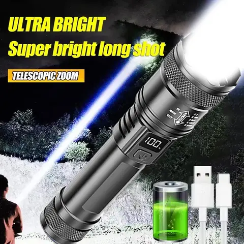 High Strong Power Led Flashlights 2000LM Tactical Torch with Display Light USB Charging Camping Fishing Emergency Zoom Lantern