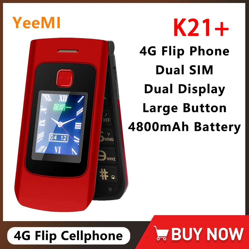 YeeMI K21+ 4G Flip Phone Big Button 2.6 Inch Screen Dual SIM Dual Screen Feature Phones 4800mAh Russian Keyboard For Elderly
