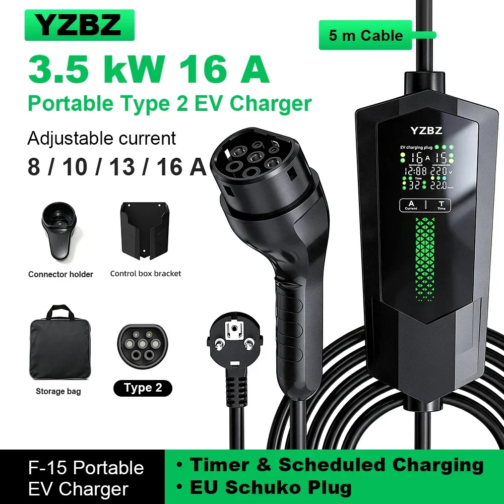 Portable EV Charger Type 2 3.5kW 16A, 5m Charging Cable with Schuko Plug, Adjustable Current, Timer, 4 Charging Modes, YZBZ F15