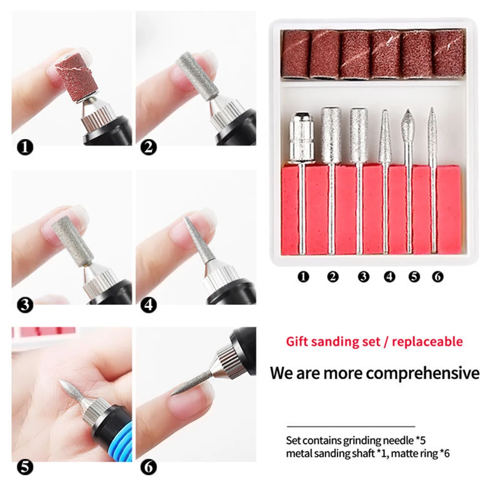 Lime à ongles électrique avec 6 forets à ongles, outil de manucure et pédicure, perceuse à ongles électrique légère pour usage domestique et en Salon