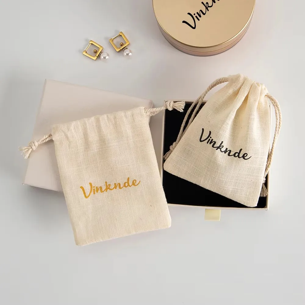 50pcs Personalization Extremely Simple Natural Bamboo Cotton Jewelry Bag Packaging Jewellery Dustproof Sack Gift Storage Pouch