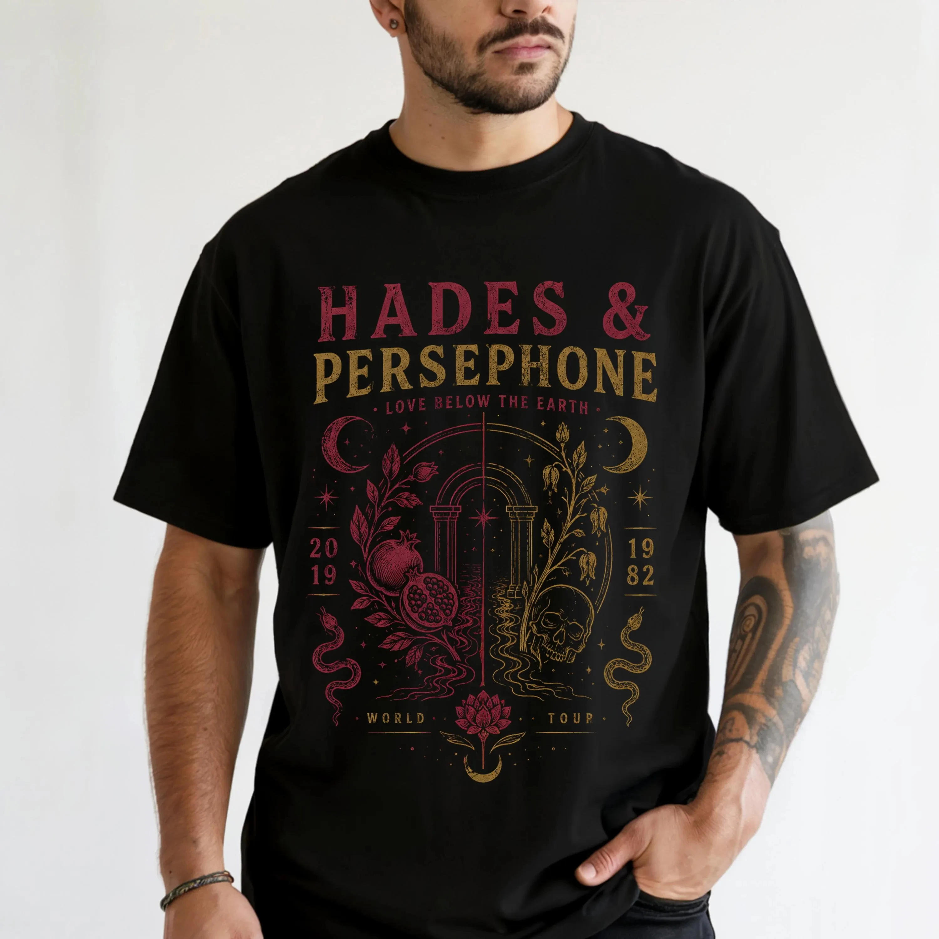 Hades & Persephone Mythology T-Shirt Love Below The Earth 1982 2019 World Tour Vintage Gothic Skull Pomegranate Snake Graphic