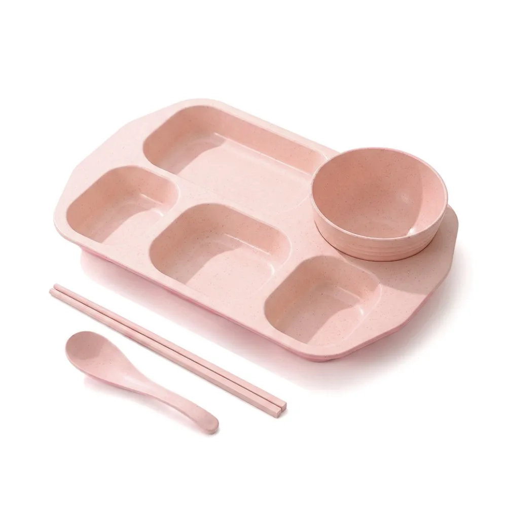 5 Compartment Divided Student Meal Plate Set Microwave-safe Drop-proof Divided Food Plate with Bowl and Tableware Plastic