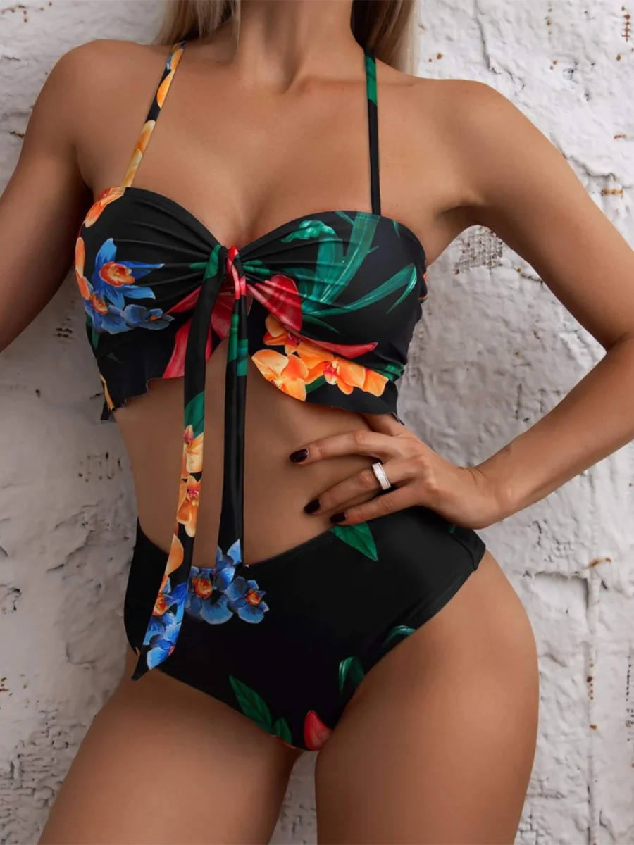 Maillot de bain 3 pièces, taille haute, avec jupe de plage, imprimé floral, nœud sur le devant, à volants, pour femmes, vêtements de plage, 2024