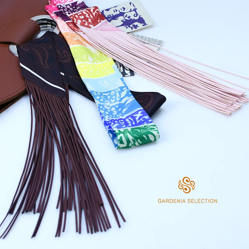 

Women's Twill Silk Decorative Streamer with Genuine Leather Tassels, Multi-Purpose Long Wrap for Bag Styling & Fashion Accent
