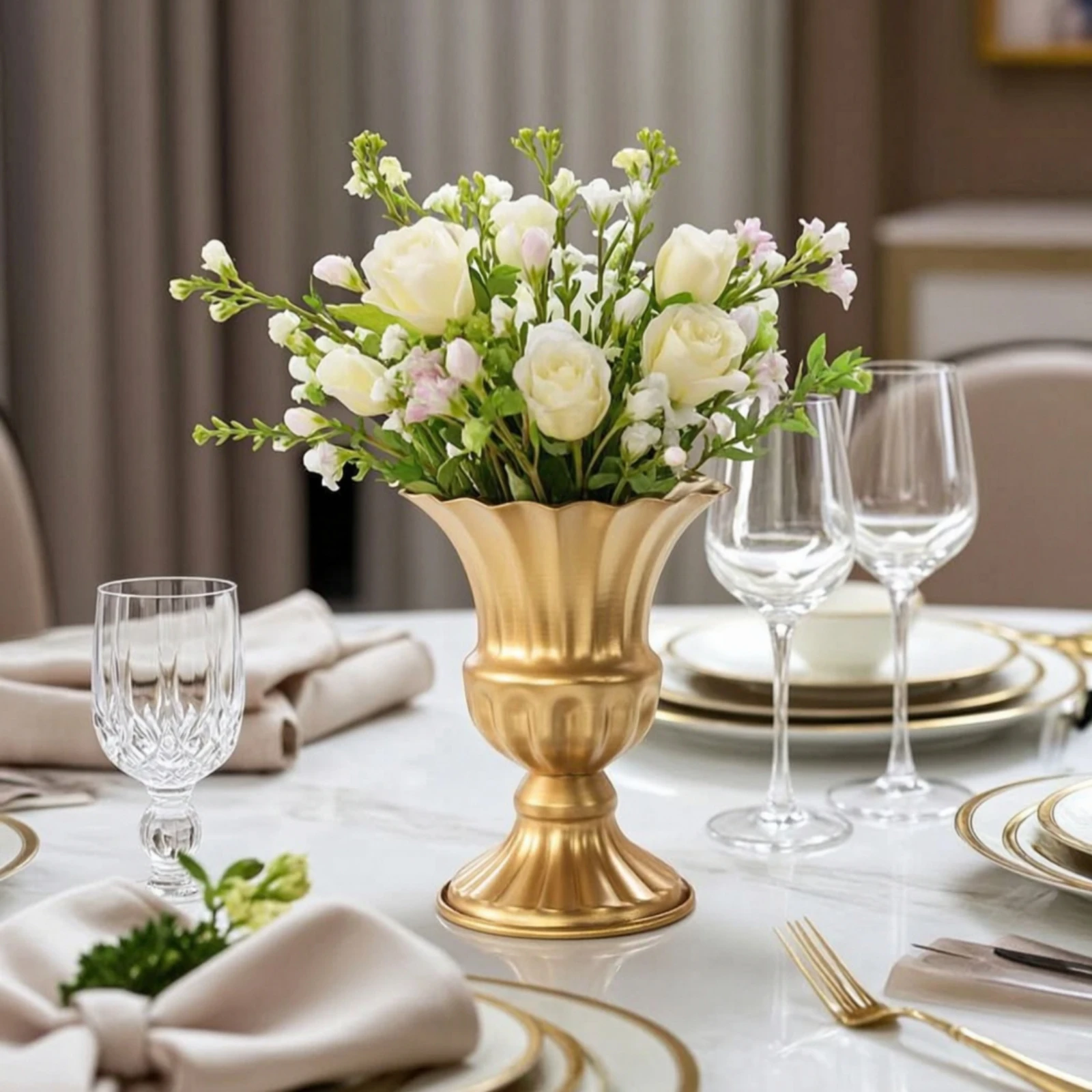 Metal Vase with Scalloped Rim Versatile Vase with Pedestal Base Flower Holder Sturdy Timeless for Wedding Planners