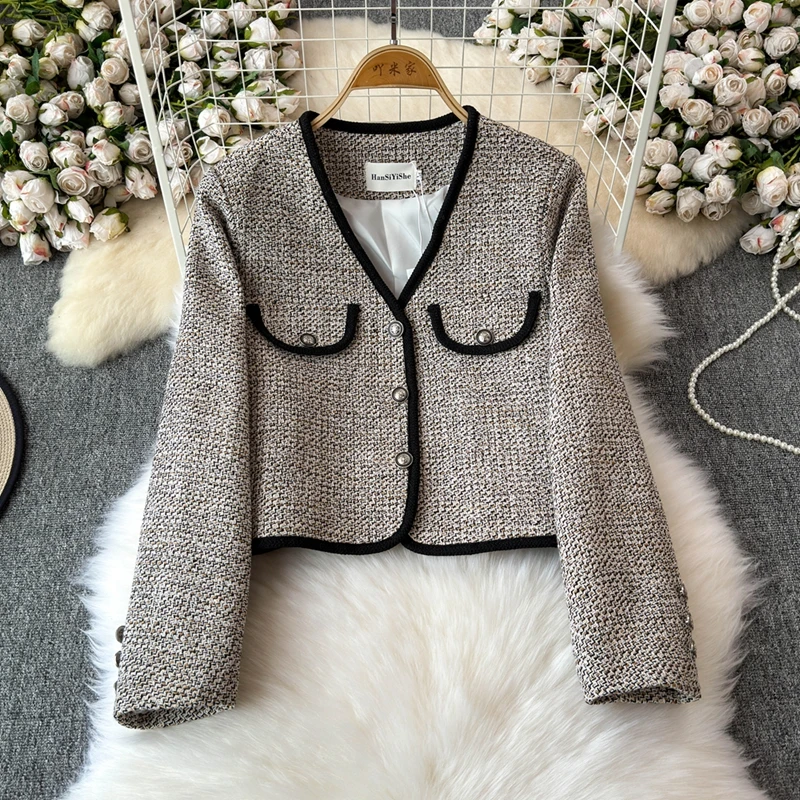 2024 Winter New Fashion Coarse Tweed Jacket For Women Contrast V-Neck Elegant Coat small fragrance short Jacket Top