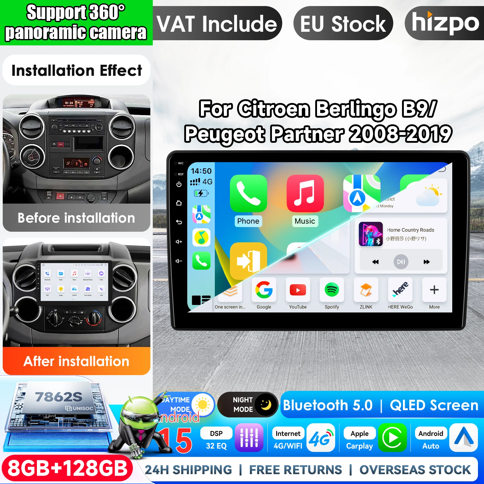 Hizpo 9-Zoll-Autoradio mit kabellosem CarPlay und Android Auto für Citroen Berlingo B9 und Peugeot Partner, Baujahr 2008–2019, 2-DIN-Multimedia-Stereoanlage mit integriertem Kühlventilator,
