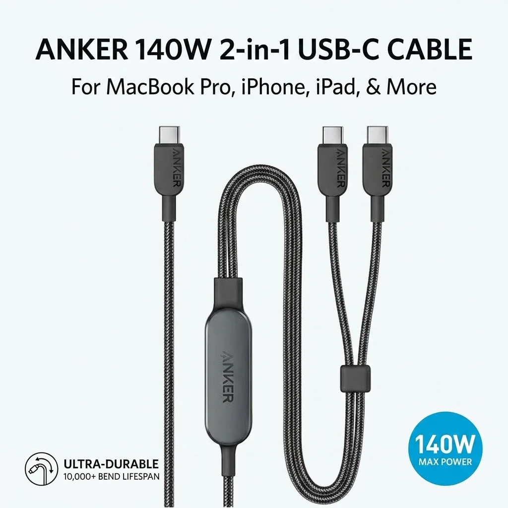 ANKER 2-in-1 Dual Type C Splitte Multi Compatible Braided 140W Dual Head Ultra PD Fast Charging Mobile Phone Laptop Data Cable