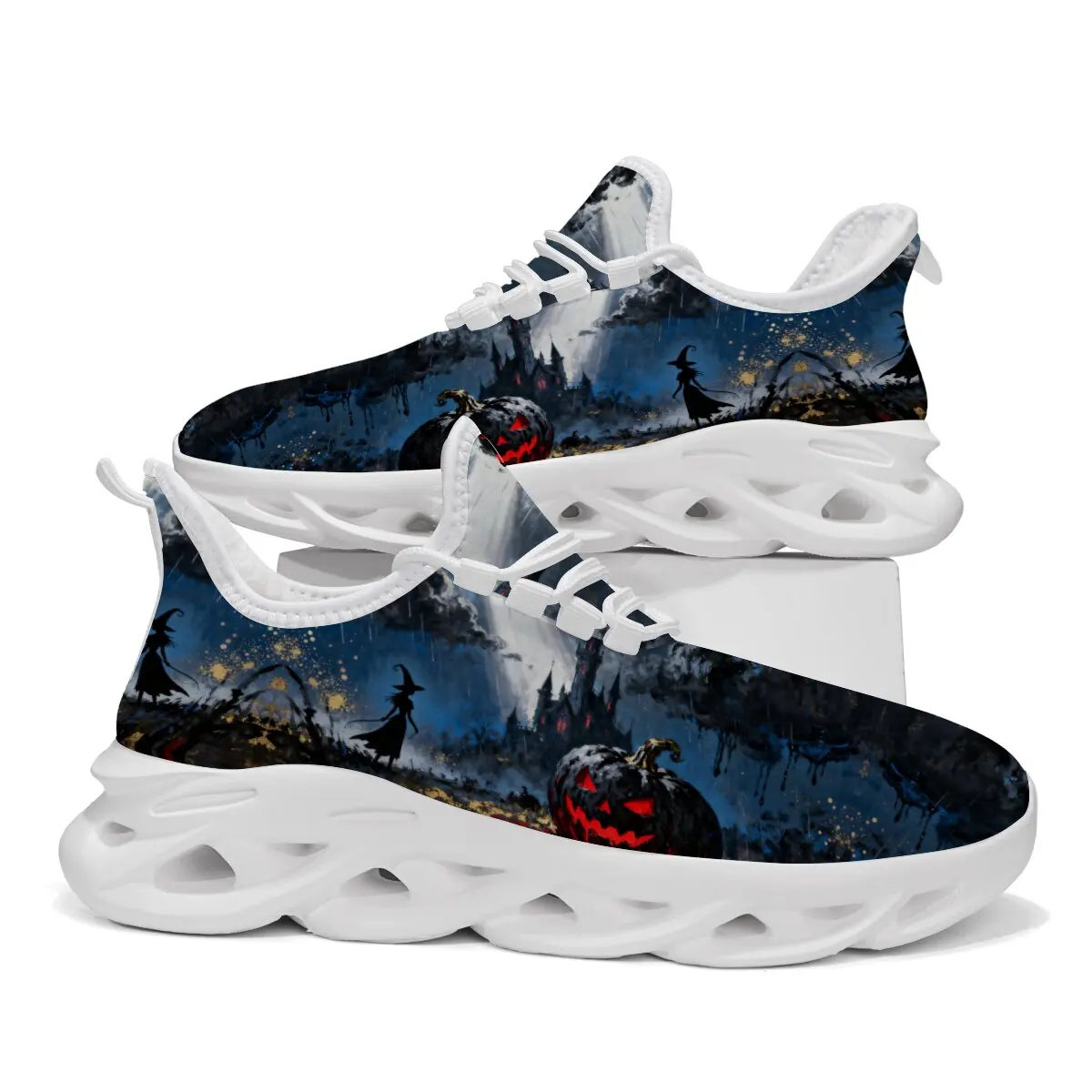 

Large-sized Halloween Color-block Pumpkin Dark Castle Witch and Ghost Pattern Design Low-top Flying Woven Casual Sports Shoes