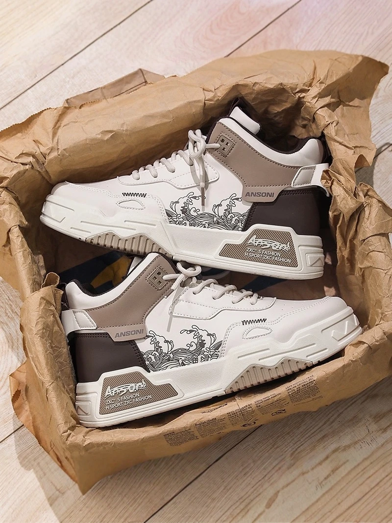 Youth Trendy High Top Men's Shoes Spring Autumn PU Material Laced Sports Casual Shoes Korean Style Shock Absorption Thick Bottom