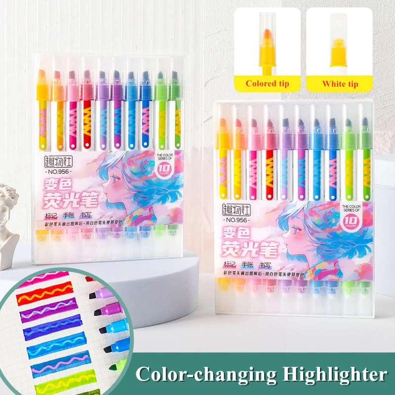 10Pcs Color Changing Dual Tip Highlighter Pens Note Taking Underlining Markers for Coloring Books Journals Notes Planner Drawing