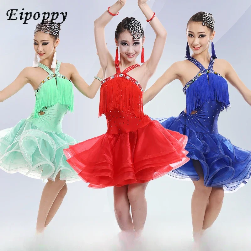 

Latin Dance Performance Clothing New Girl's Bright Diamond Tassel Skirt Children's Competition Clothing