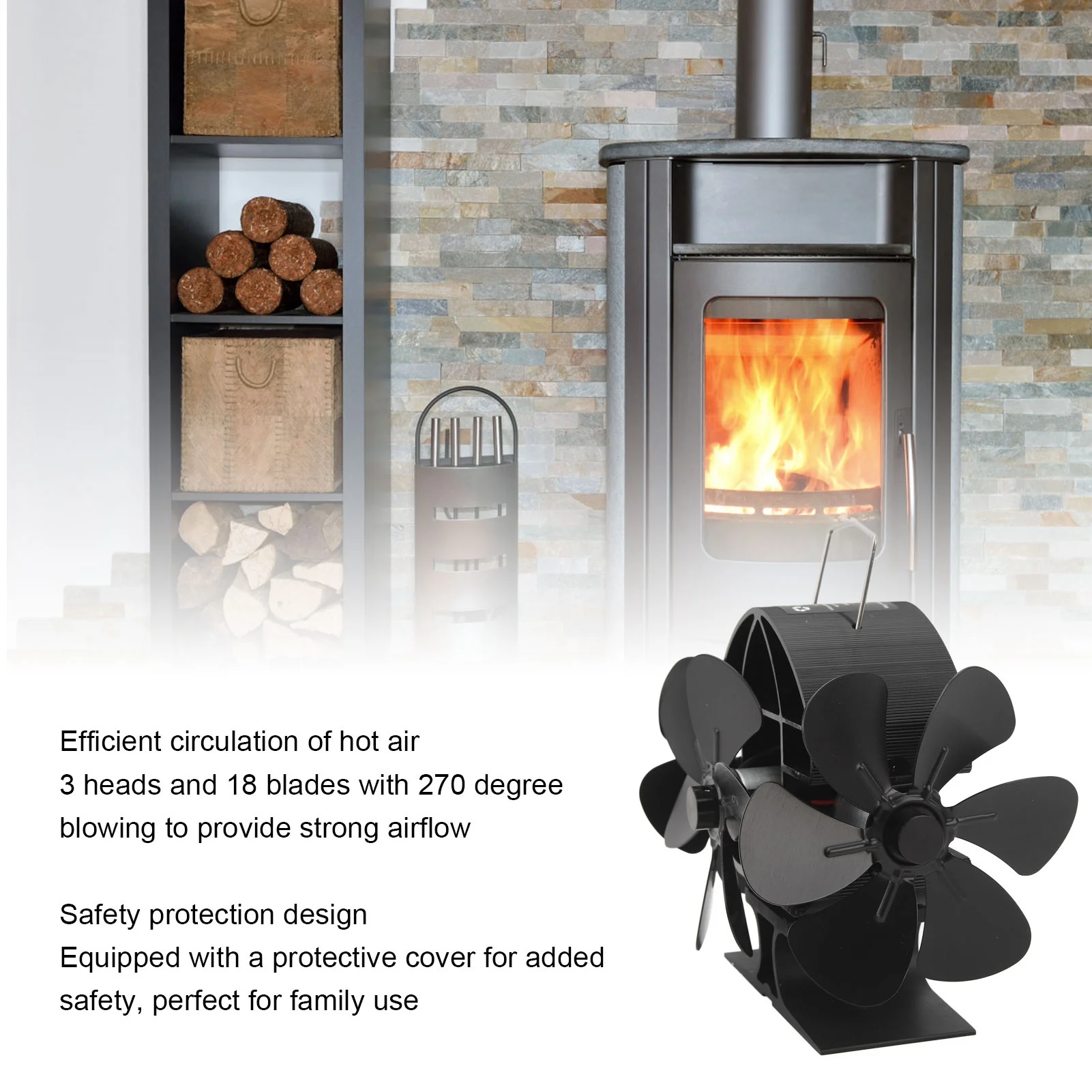 

Вентилятор для печи, работающий от тепла, 3 головки, 18 лопастей, алюминиевый, с углом обдува 270 градусов, для камина, с защитным кожухом и ручкой