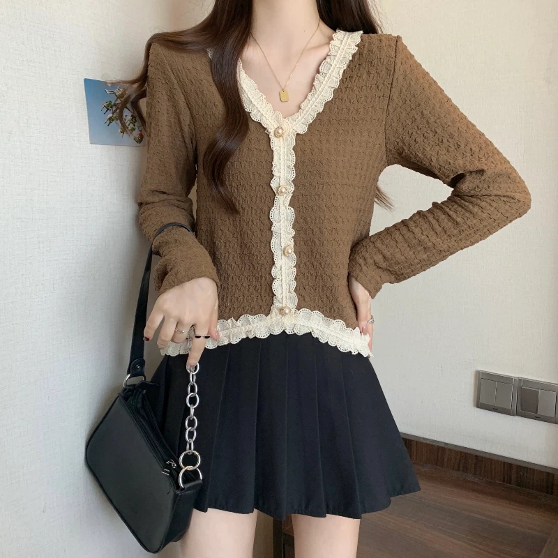Lace Patchwork Contrast Korean T Shirts Women Clothing New Long Sleeve Youth All-match Sweet Tops Fashion Casual Spring Autumn