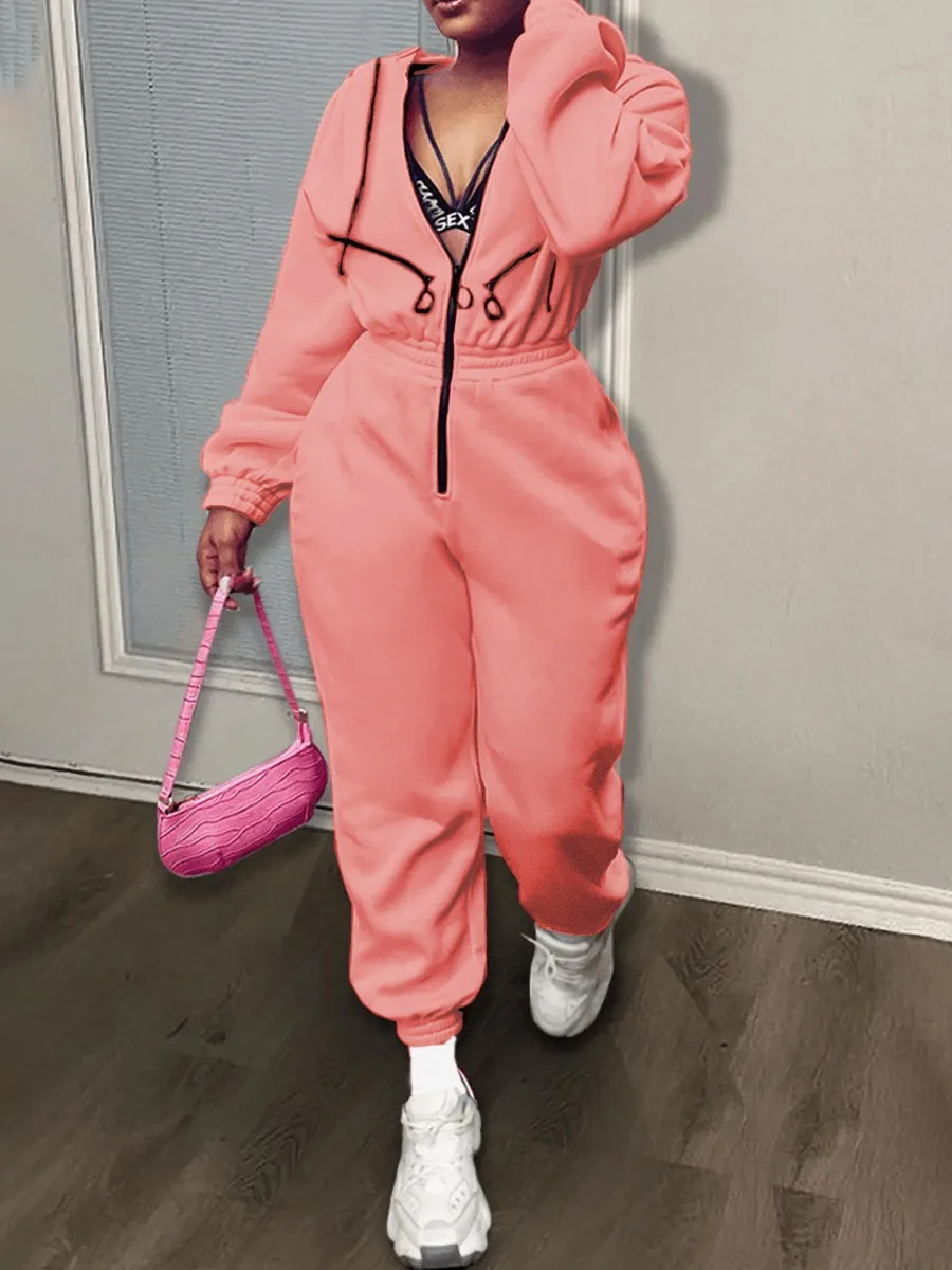 LW Plain Jumpsuits Zipper Up Casual Sporty Street Plain Hoodie Jumpsuits Drawstring Solid Color Long Pants With Pockets