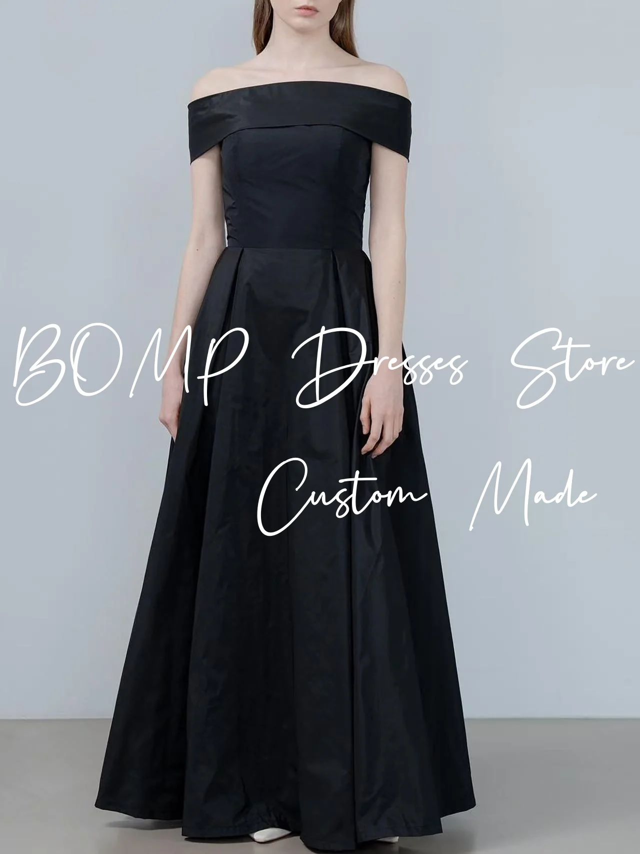 BOMP Simple Black Wedding Party Dress Off Shoulder Floor Length Taffeta Korea Photo Shoot Bridal Evening Gown Custom 웨딩드레스
