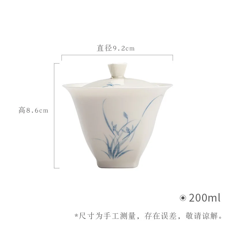 Jade Clay White Porcelain Hand-painted Blue and White Bamboo Gaiwan Chinese Style Simple Tea Making Bowl