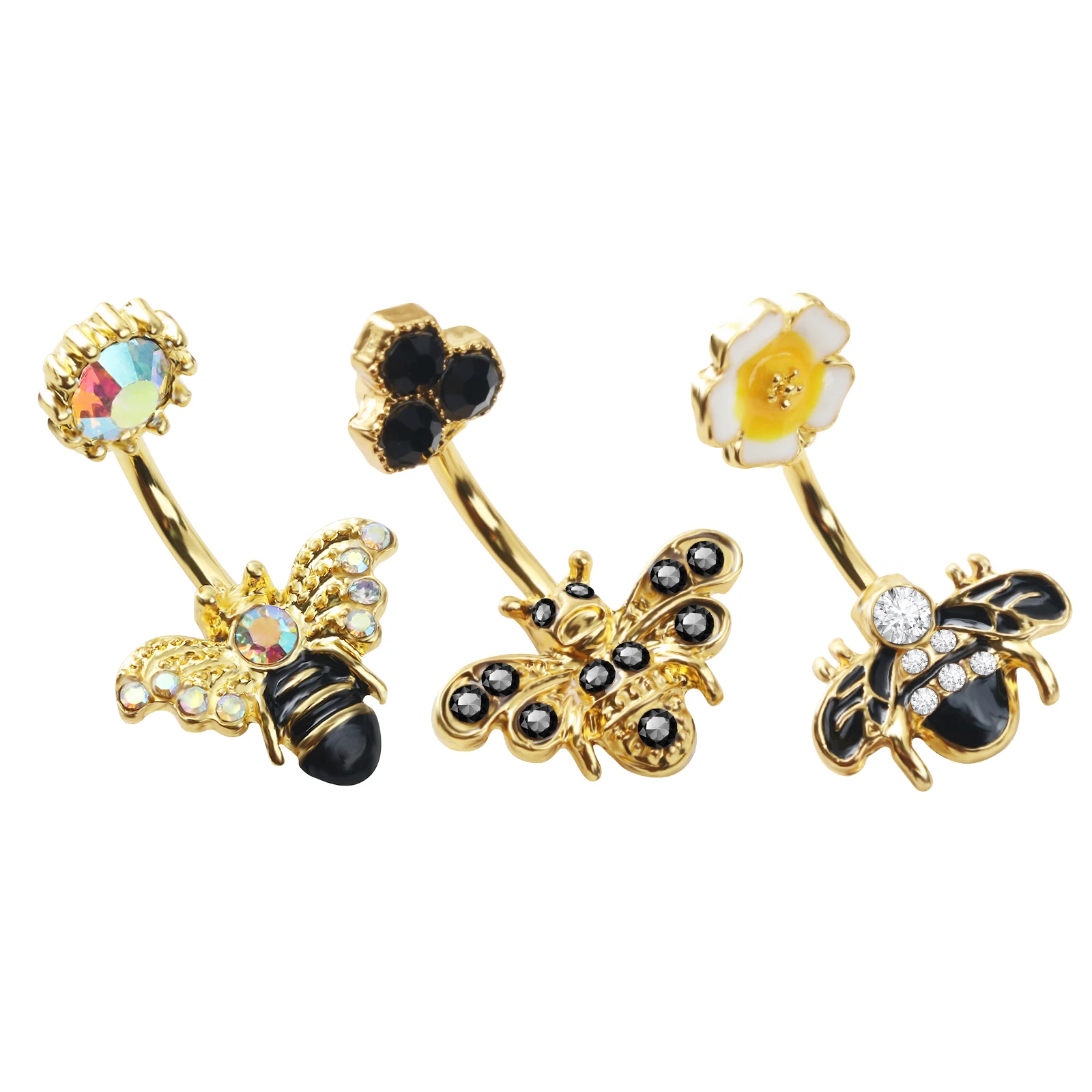 1PC Stainless Steel Belly Buttorn Piercing Drip Oil Small Bee Inlaid Diamond Belly Ring Cute Body Piercing Jewelry for Woman