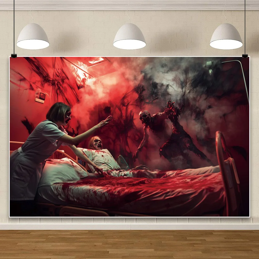 Laeacco Halloween Zombie Backdrop Hospital Bloody Wall Infected Zombie Wheelchair Haunted House Portrait Photography Background