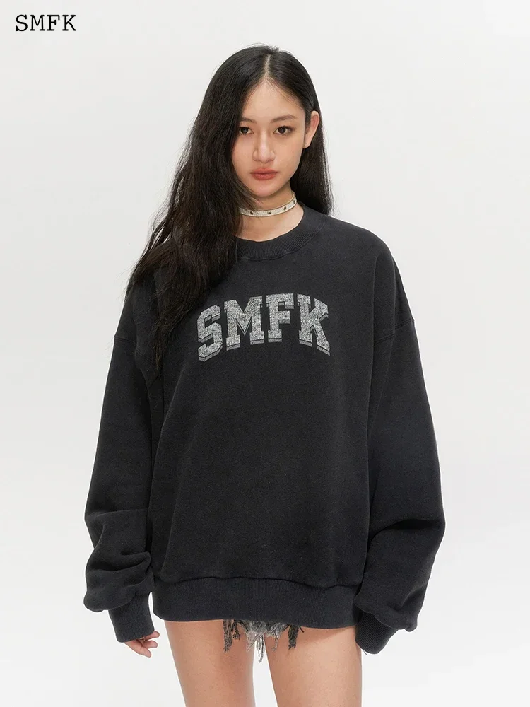 SMFK Hoodie Letter Printing Vintage College Sweater for Women Oversized  Pullovers Autumn Winter O-neck Casual Sports Clothing