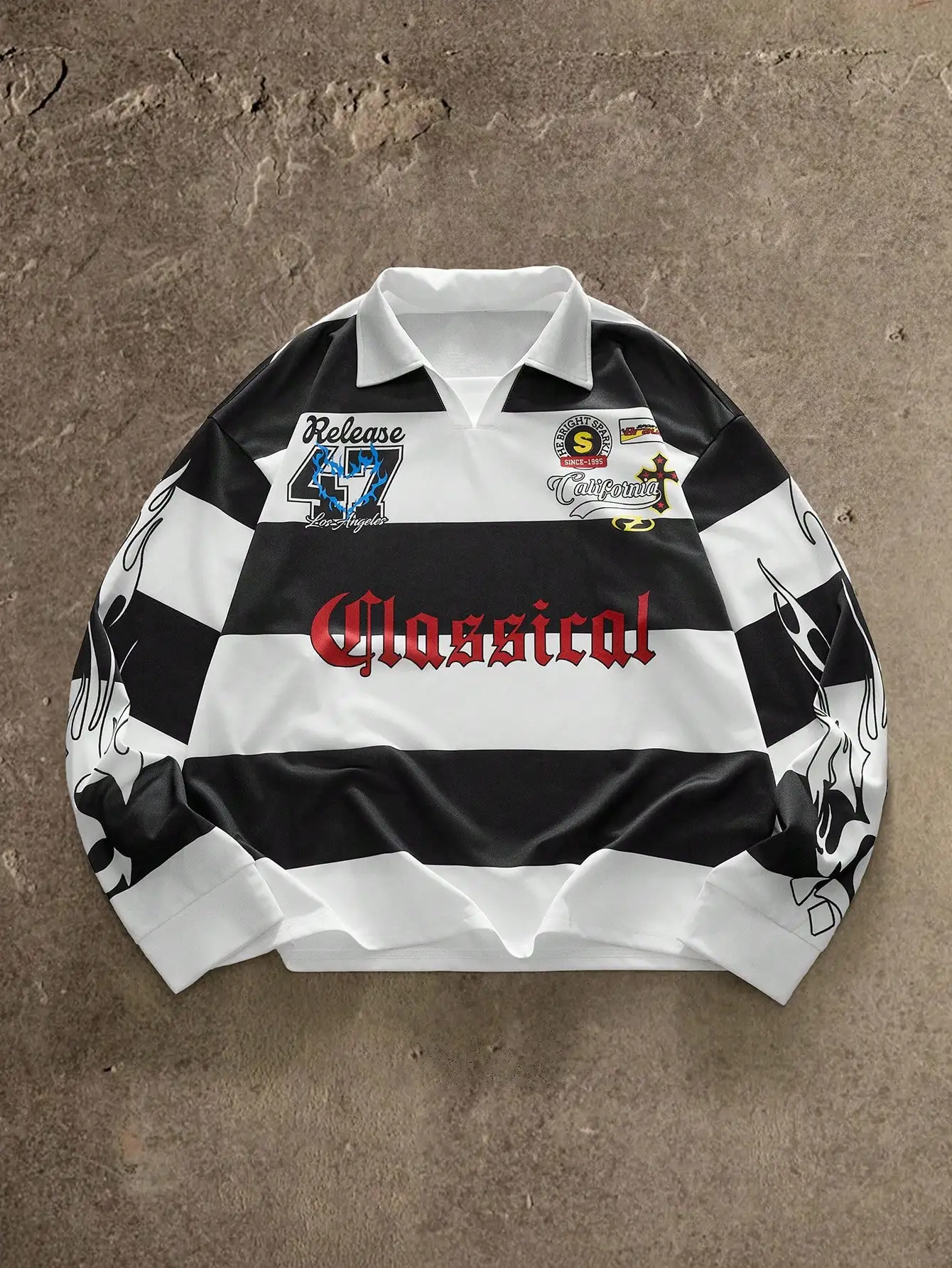 

Men's Long Sleeve Graphic Polo Shirt with Bold Stripes and Flame Print