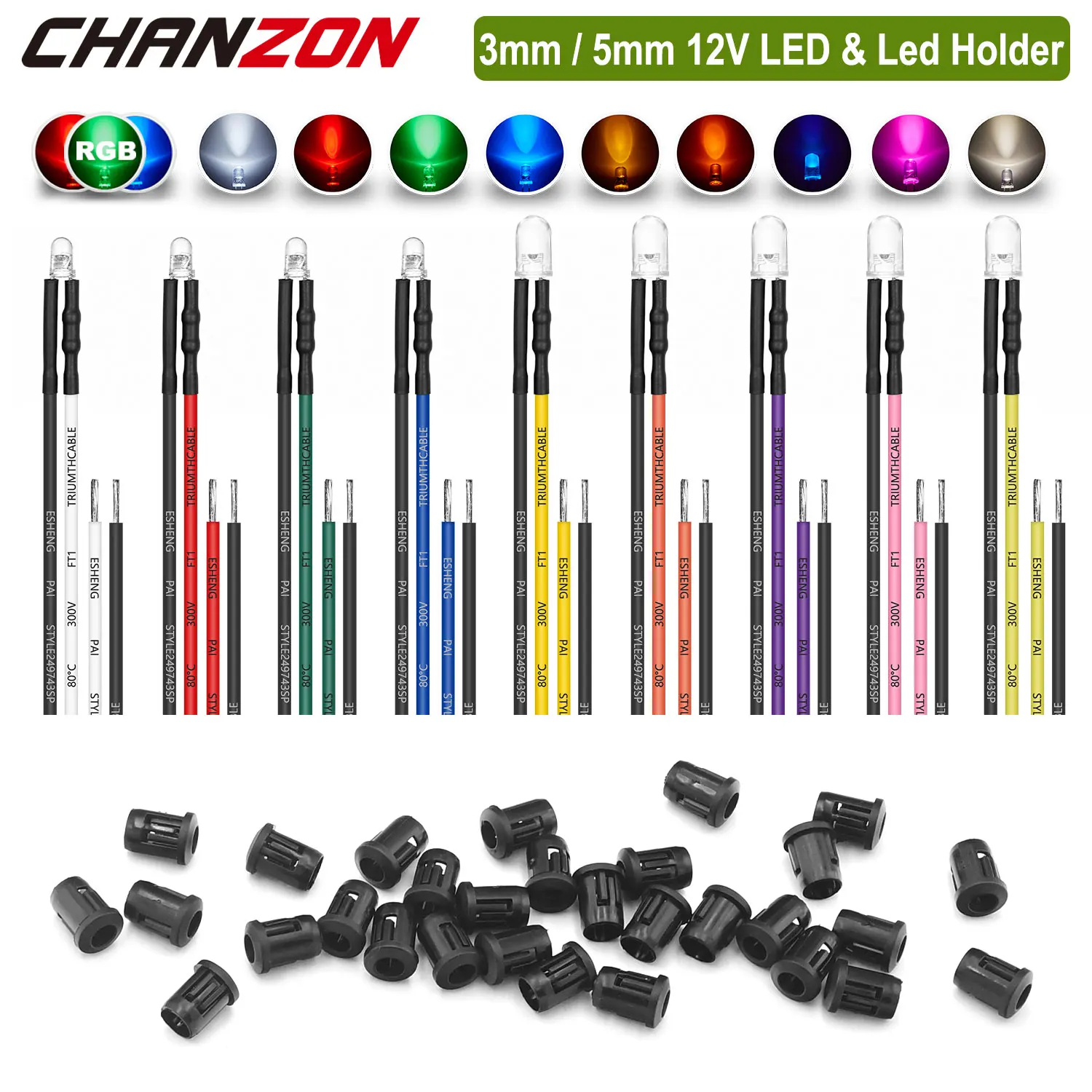 3mm 5mm 12V LED Diode Kit & LED Holder Socket Warm White Red Green Blue Yellow Orange UV Purple Pink RGB Flash Prewired Cable