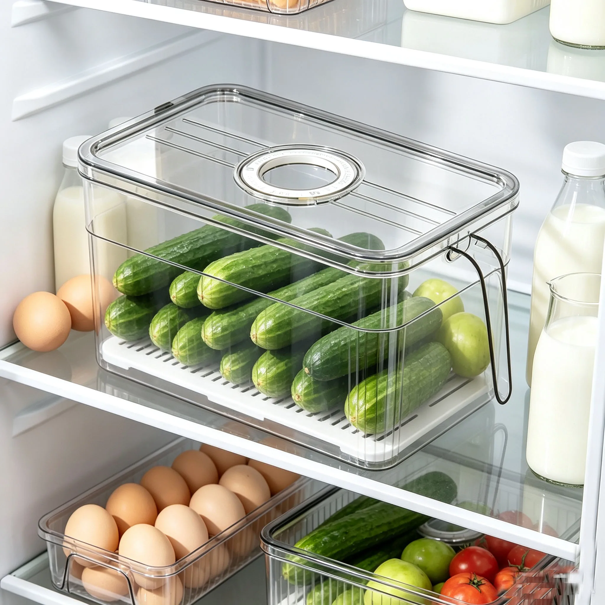 Food Storage Stackable Containers - กล่องเก็บของในตู้เย็นพร้อมฝาปิดตั้งเวลา ถาดระบายน้ำ กล่องจัดระเบียบตู้เย็นแบบใสพร้อมหูจับ กล่องเก็บอาหารแบบซ้อนกันได้
