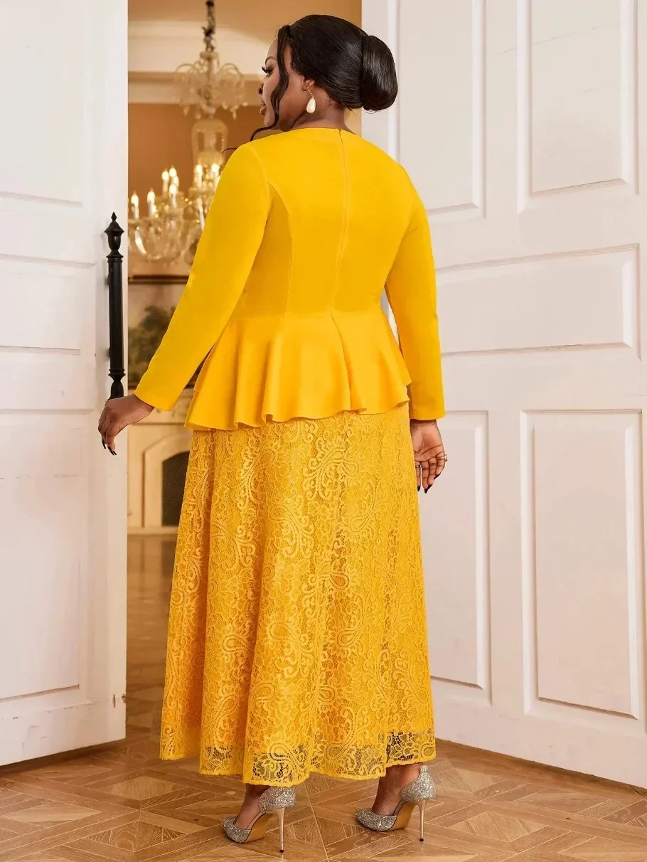 Women Fall Yellow Lace Patchwork Dress O Neck Long Sleeve Empire Peplum A Line Classy Wedding Guest Birthday Evening Event Robes