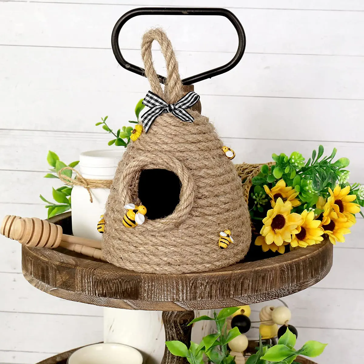 Beehive Decor Jute Hanging Bee Tiered Tray Decor Cute Handmade Honeycomb Decoration Bee Themed Party Ornament for Farmhouse