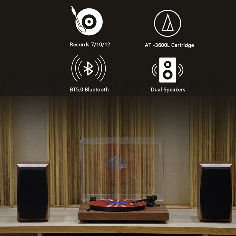 Walnut Vinyl Record Player Built-in Bluetooth 3-Speed Belt-Driven HiFi LP AT 3600 Cartridge Dust Cover Retro Phonograph