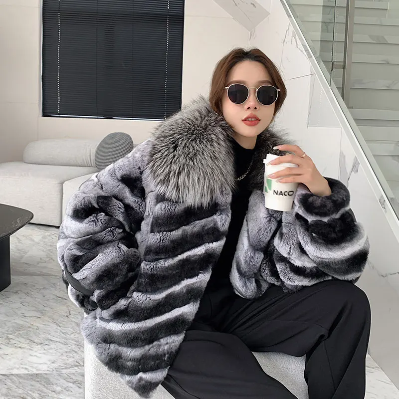 

New High-end Imported Blue And Purple Orchid imitation Chinchilla AndRex Rabbit Fur Korean Coat Women with silver fox fur colla