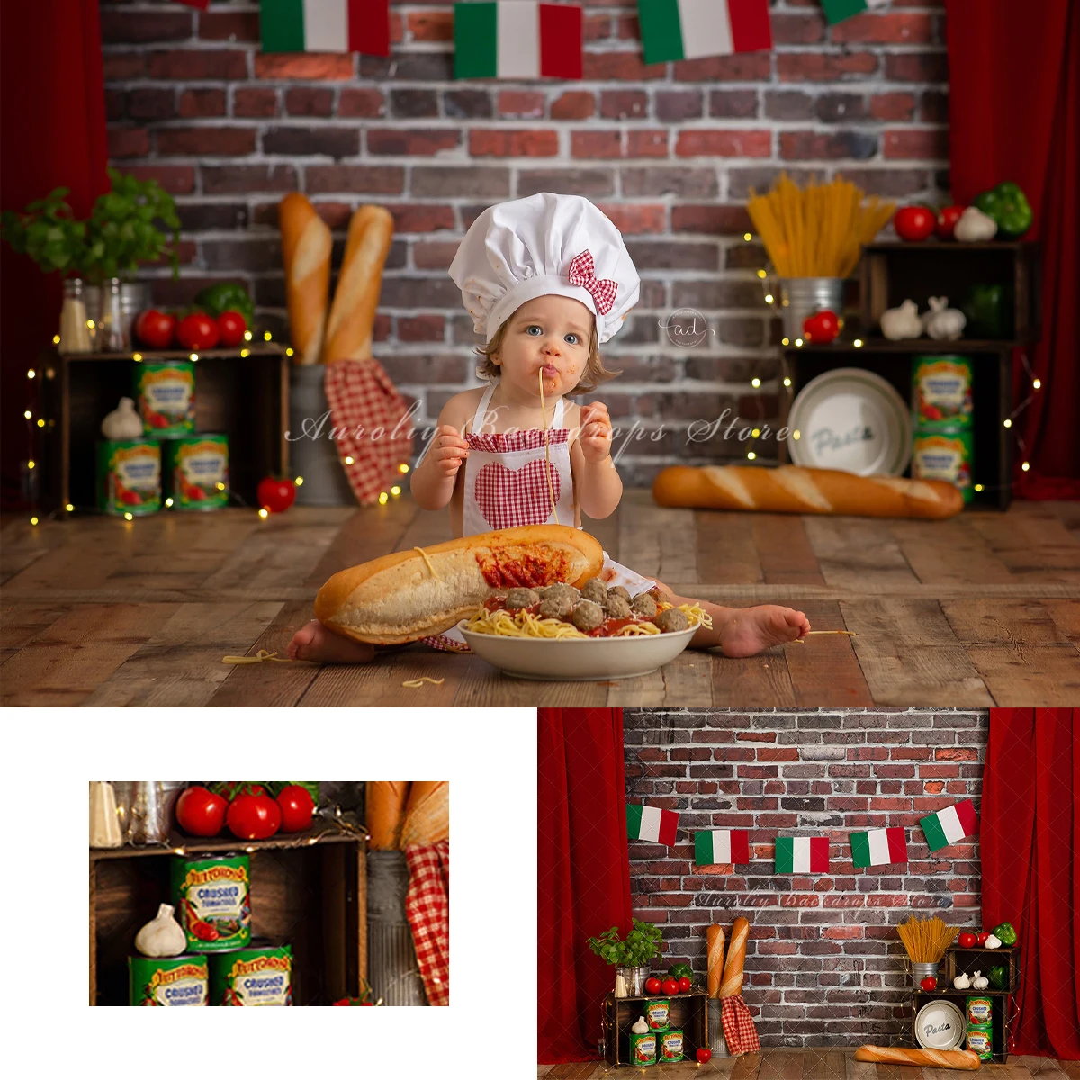 

Ltalian Pasta Restaurant Backgrounds Kids Adult Photography Props Child Baby Red Brick Wall Decors Photo Studio Backdrops