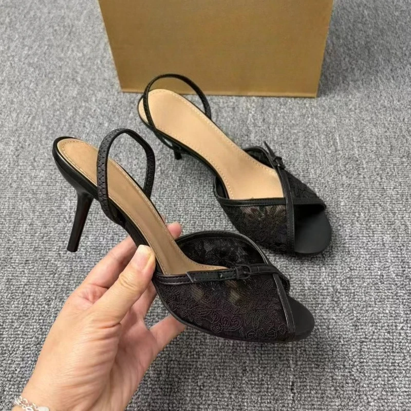 Women Back Strap Fashion Sandals Summer Lace Embroidery High Heels Woman's Peep Toe Pumps Mesh Ankle Strap Thin Heel Shoes view 5