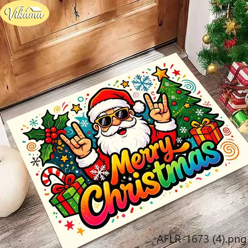 VIKAMA Merry Christmas Rainbow Letter Santa Doormat Welcome Mat Non Slip Front Door Rug Xmas Decor Home Holiday Winter