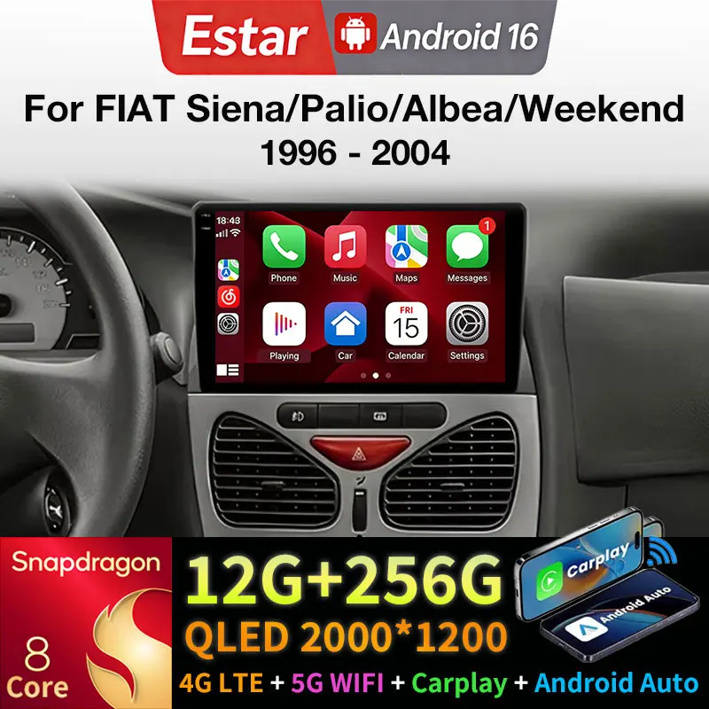 Multimídia Auto Carplay para FIAT Siena/Palio/Albea/Weekend 1996 - 2004, Rádio Automotivo Android 16 com Vídeo, Estéreo, GPS, Unidade Central 2din.