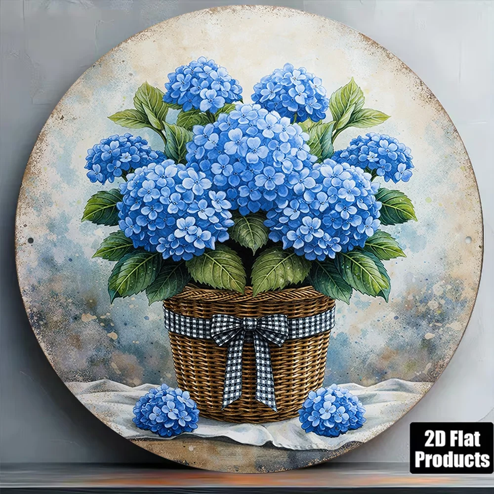 2D Flat, 1pc 8x8in/20x20cm 2D Flat Round Aluminum Sign, Vintage Aluminum Plaque Featuring a Blue Hydrangea Bouquet, Rustic Style