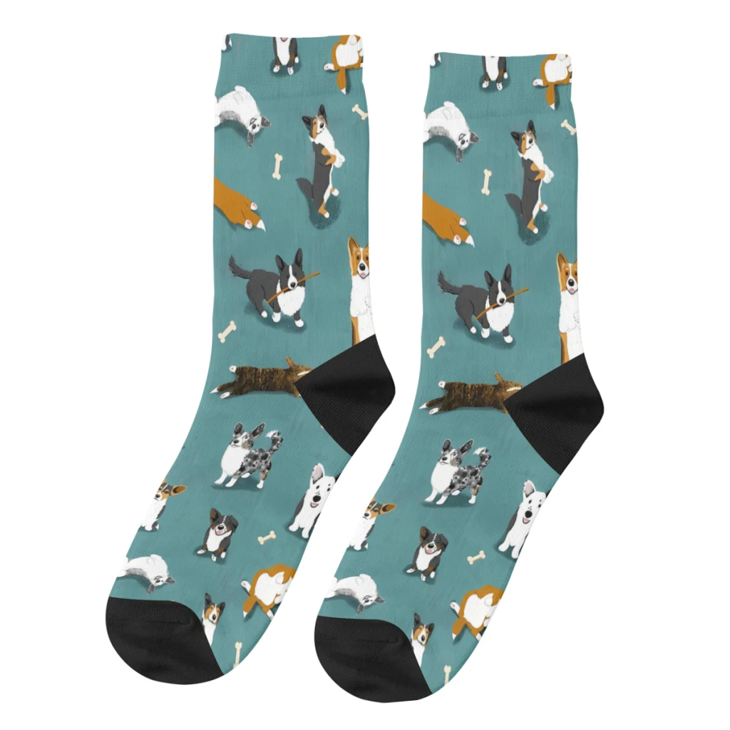 Cárdigan Retro con patrón de Corgi verde azulado para hombre, calcetines de perro Corgi, Animal, Unisex, novedad, sin costuras, estampado divertido,