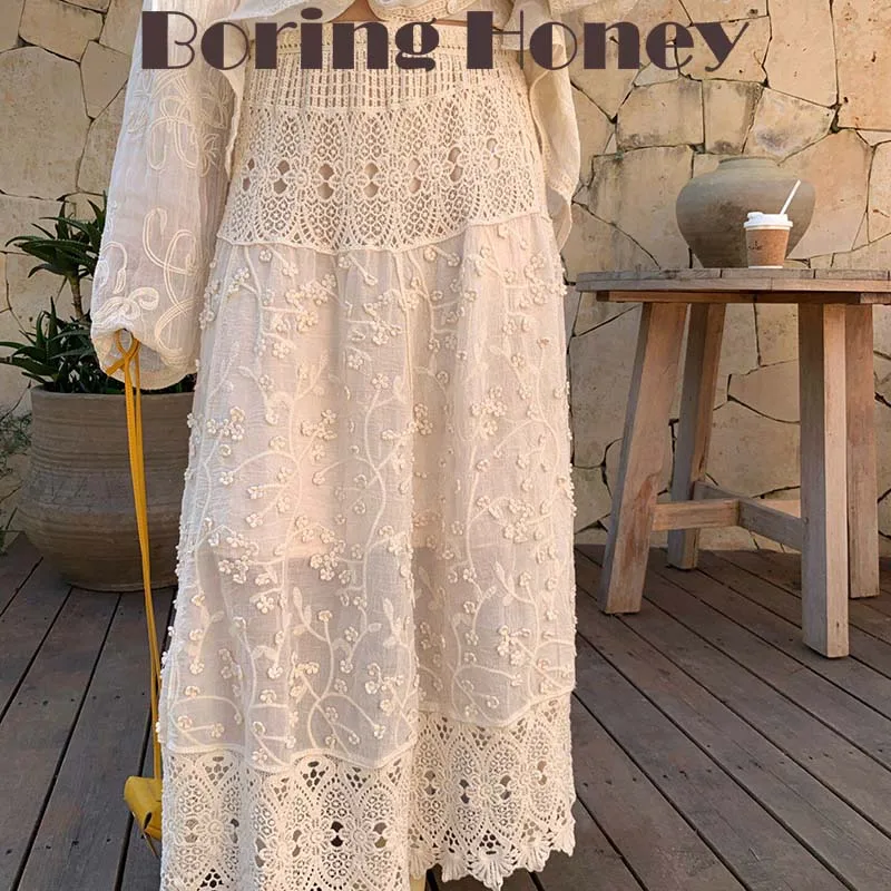 Boring Honey Vintage Apricot Lace Midi Skirt Women High Waist Hollow Out Embroidered Skirt Korean Style Elegant Party Skirts Sum