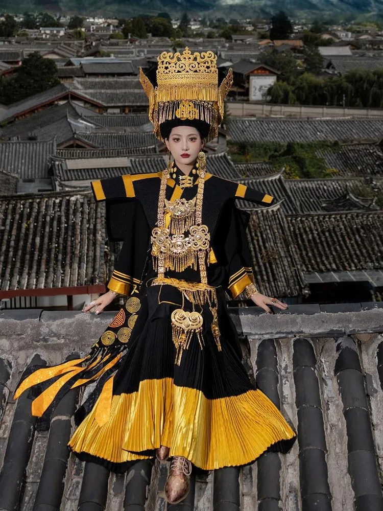 

A new photo shoot featuring ribbon shawl hat necklace and suit for woman in full dress