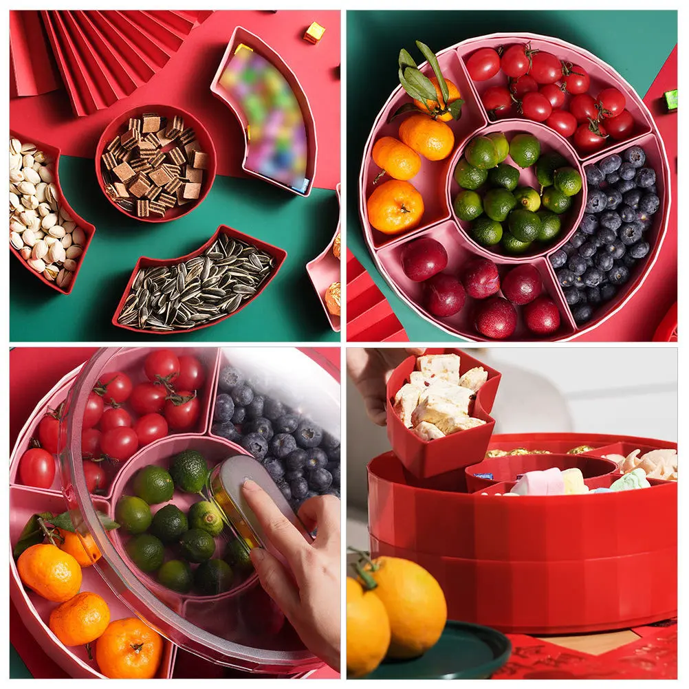 

1Pcs Double-Layer Fruit Tray Red Rotating Plastic Snacks Box Lid Multi-Grid Candy Biscuit Storage Organizer Desktop Decoration
