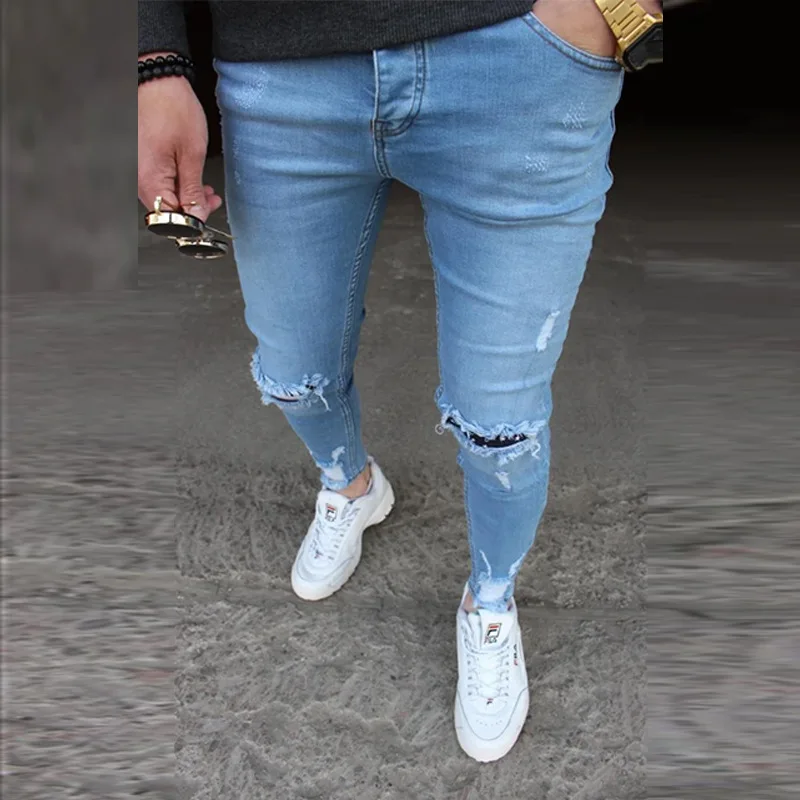 กางเกงยีนส์ผู้ชายทรงสลิมฟิตแบบดินสอ ขาดรุ่ย สไตล์ยุโรปอเมริกา ซิปหน้า ยาวถึงข้อเท้า ยีนส์ยืดฟอกสี