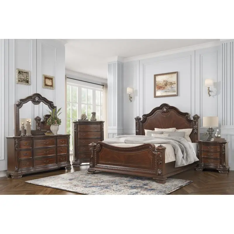 Traditional 5 Pc Queen Bed Set with Intricate Wood Carvings, Walnut Finish, Elegant Design for Bedroom