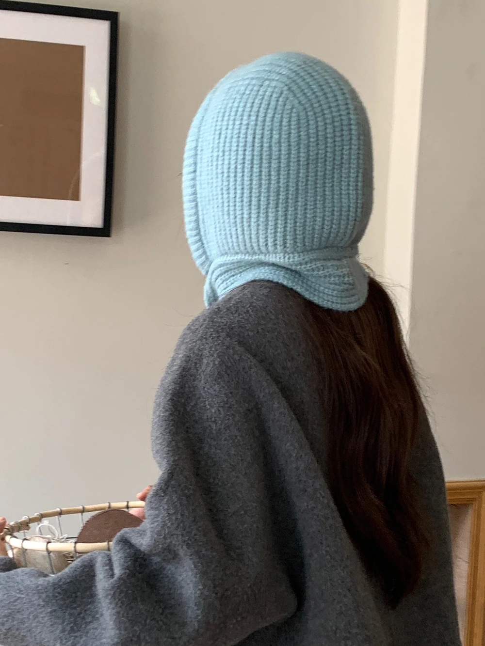 Gestrickte Mütze aus Wollmischung für Männer und Frauen, Balaclava, warme Wintermütze, Unisex-Mütze mit Kapuze, Halskragen, Schal, Mütze, Ski-Mütze, kalte Mützen – Detail 9