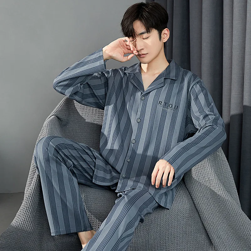 2023 Cotton Cardigan Sleepwear for Men High Quality Pajamas Set Autumn Spring Korean Fashion Nightwear pijamas for men Freeship