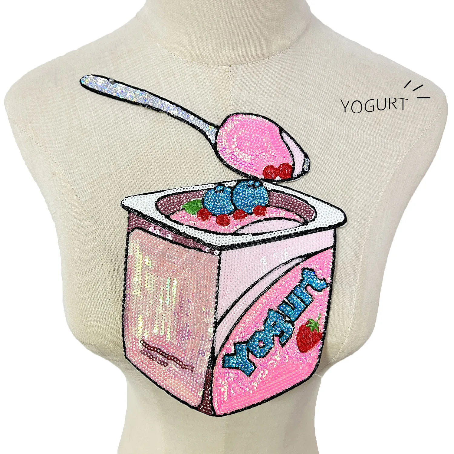 One Piece Strawberry Yogurt Sequin Embroidery Patch, Cute Pink Iron On for Clothes Bags DIY Fashion Garment Accessories