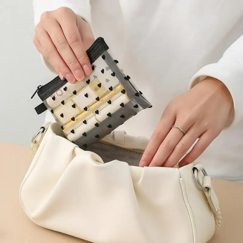 New Transparent Mesh Makeup Bag With Cute Black Heart Pattern Smooth Zipper For Travel Cosmetic Storage