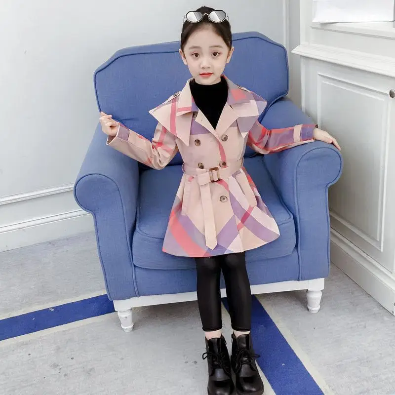 2025 New Kids' Plaid Trench Coat for Toddler Girls Spring Autumn Cotton Padded Thickened Korean Style Stylish Children's Coat