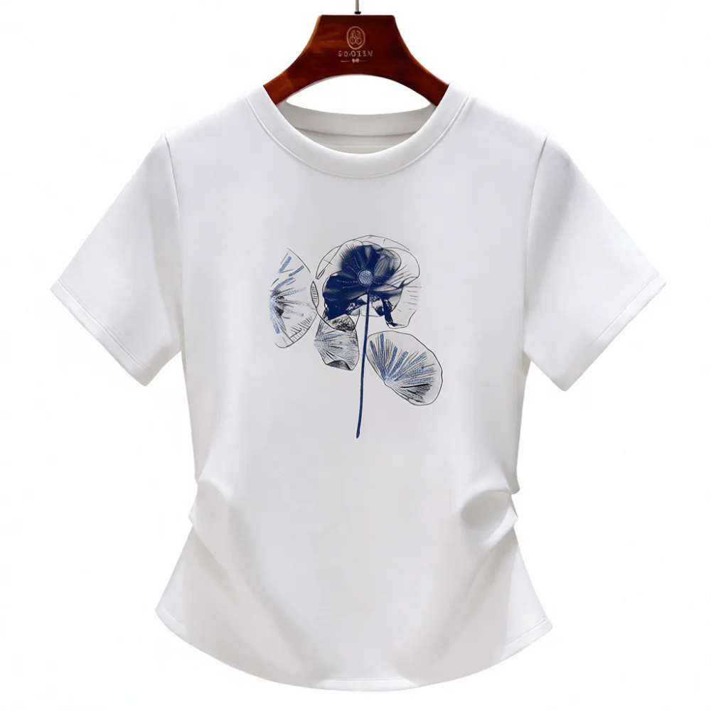 Classic Women T Shirt Cotton Short Sleeve Slim Fit Floral Embroidery Fashion Casual Elegant Summer Soft Comfy Top