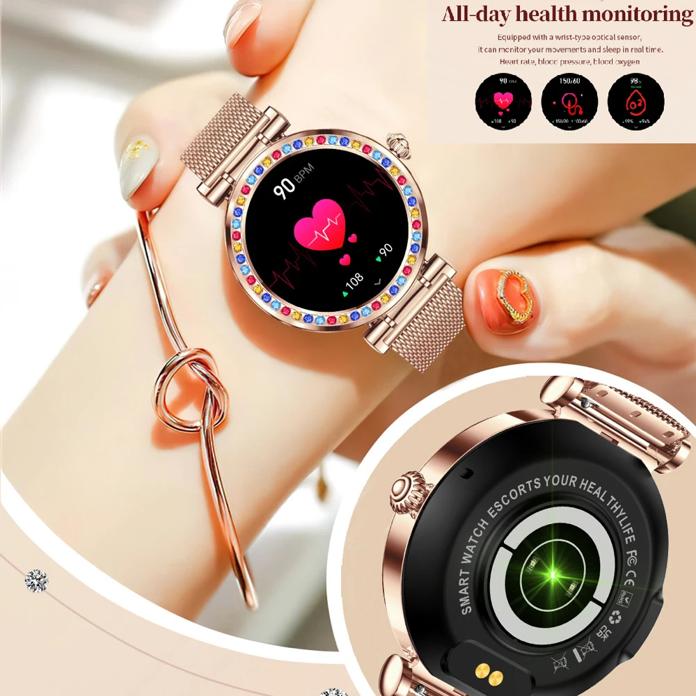 المرأة 1.27 "الزرقاء الأسنان دعوة موضة ساعة ذكية معدل ضربات القلب الأكسجين في الدم الرياضة اللياقة البدنية الموسيقى مقاوم للماء سيدة الصحة Smartwatch